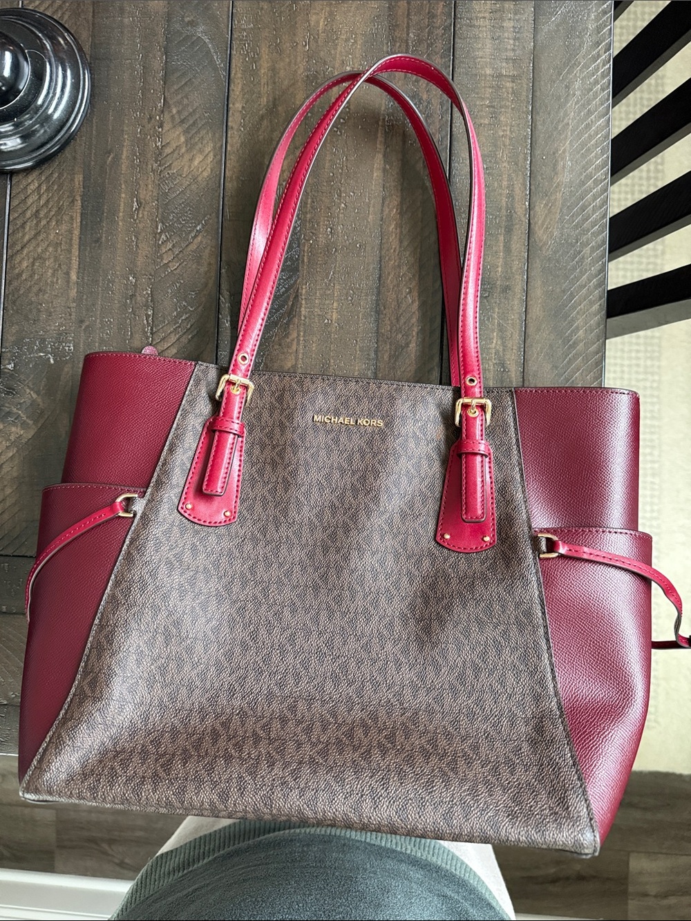 Michael Kors Brown Signature Tote with Burgundy Leather Trim